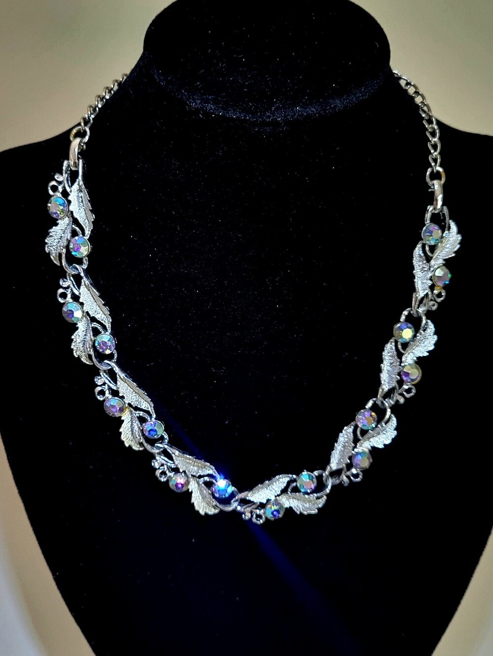 Silver Leaf Crystal Necklace in Iridescent Aurora